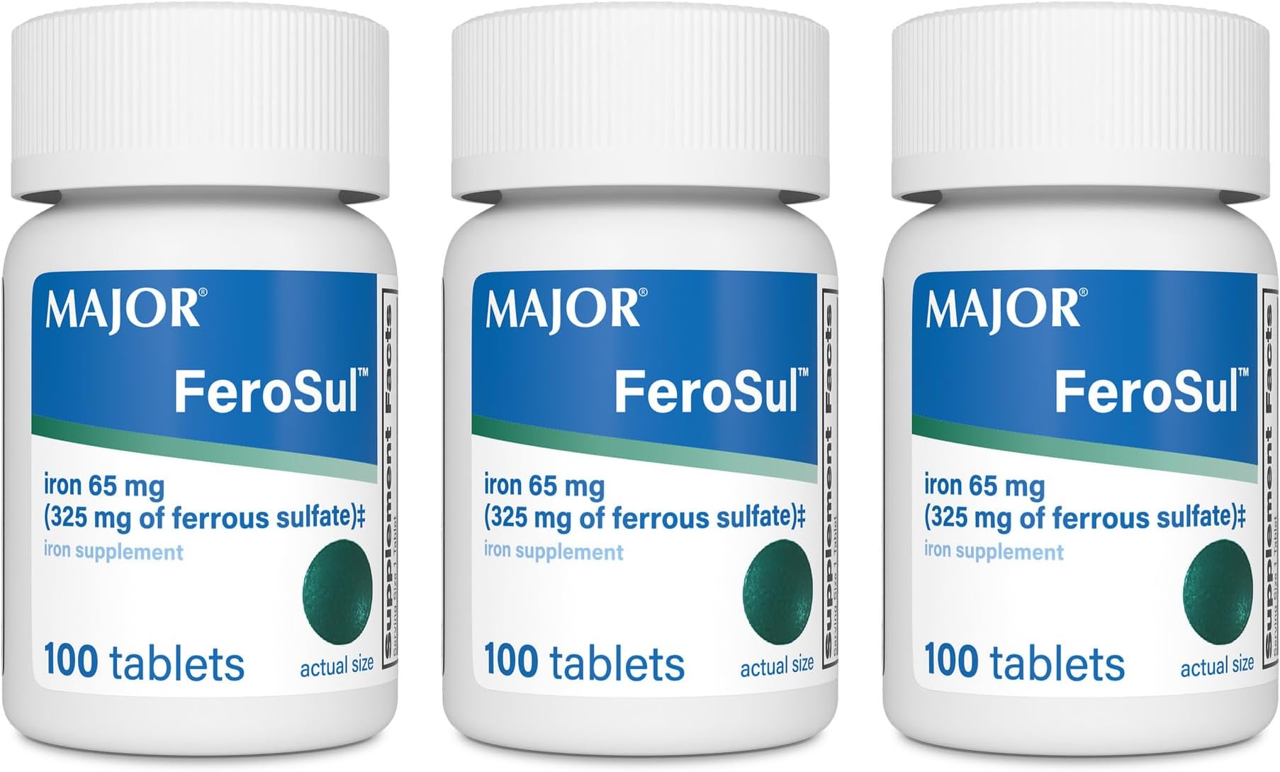 Major Ferosul - Ferrous Sulfate 325mg Tablets with 65mg of Elemental Iron - Iron Supplement for Women, Men - Green - 100 Count (3 Pack)