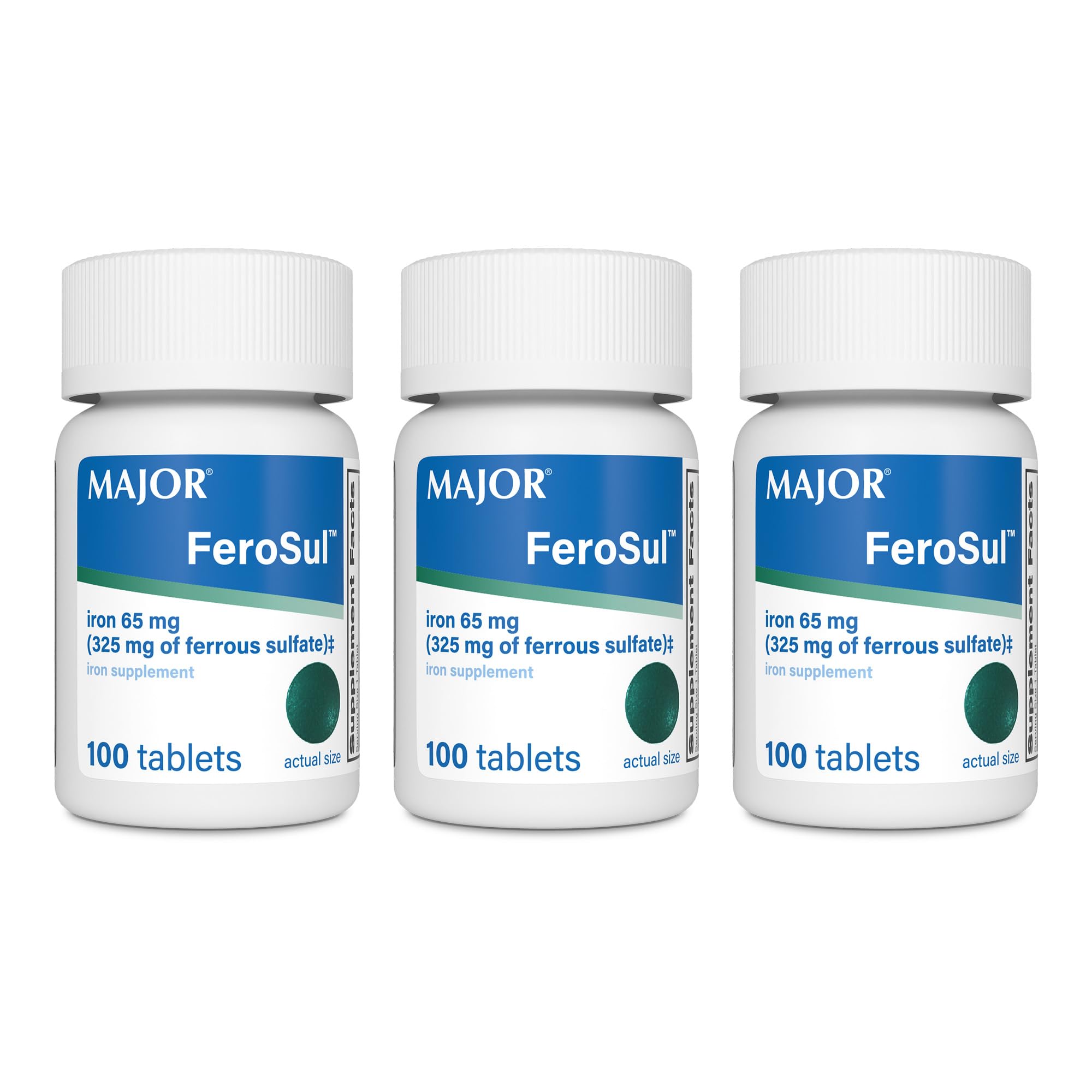 Major Ferosul - Ferrous Sulfate 325mg Tablets with 65mg of Elemental Iron - Iron Supplement for Women, Men - Green - 100 Tablets (3 Pack)