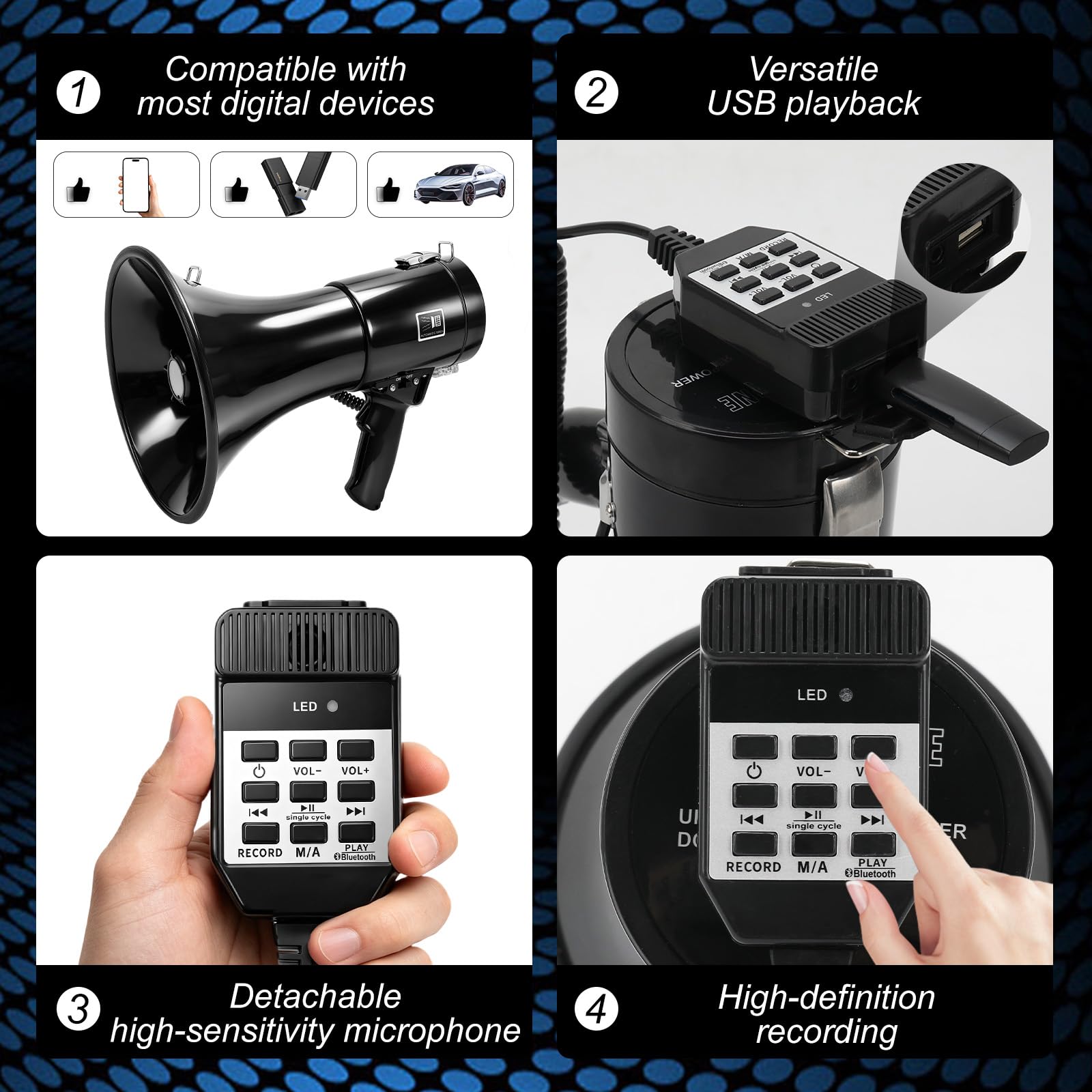 WingFly Megáfono 150W Bluetooth Grabación Alcance 2000m Altavoz Sirena Micrófono Externo USB