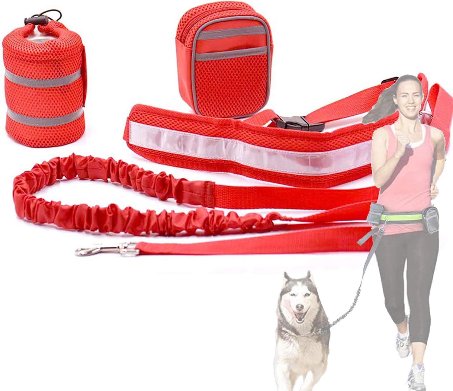 Hands Free Dog Lead for Running Training Walking,Extendable Bungee Dog Adjustable Waist Leash Belt,Reflective Stitches Dog Leash with Dual Handles for Medium to Large Dogs