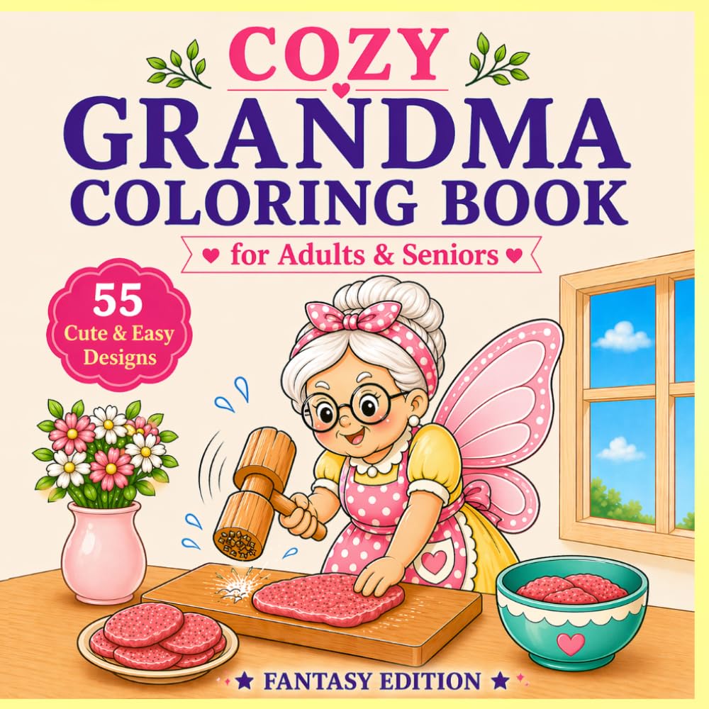 Cozy Grandma Coloring Book for Adults & Seniors: 55 Cute & Easy Coloring Pages Featuring a Magical Fairy Grandma in Cozy Everyday Activities