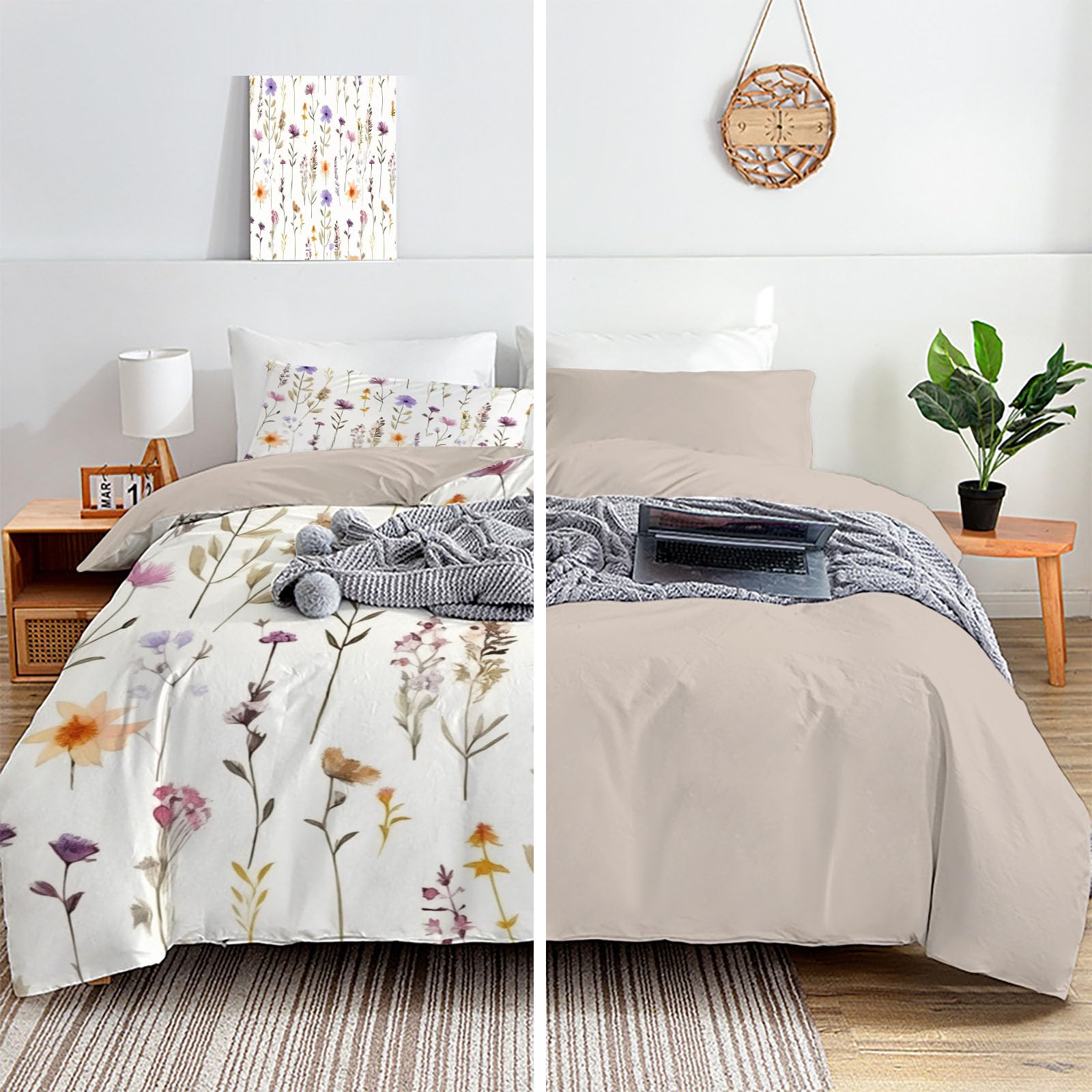 Funda Nórdica Cama 180/200 Infantil Adulto, 3 Piezas Campo Flores 3D Juego De Ropa De Microfibra 260x240CM Campo Flores Funda De Edredón Y 2 Fundas De Almohada Blanco