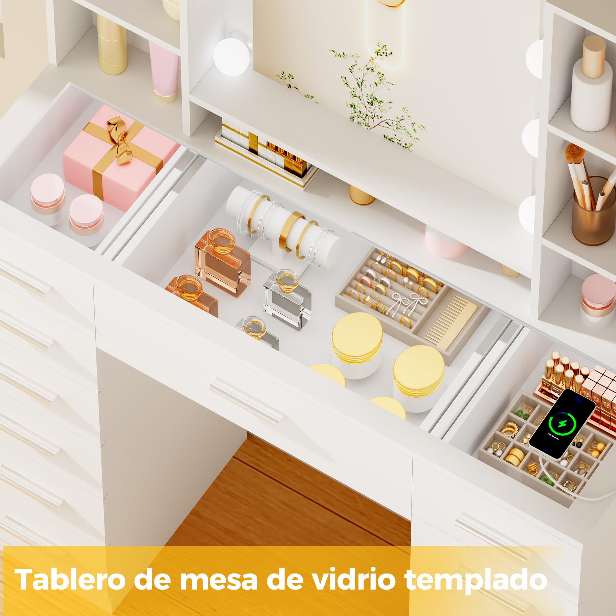 ANWBROAD Grande Coiffeuse avec Miroir LED,Luminosité Réglable,3 Couleurs,Coiffeuse avec Plateau en Verre et Prise,Table de Maquillage avec 13 Tiroirs,7 Étagères Ouvertes,Blanc BDT19X