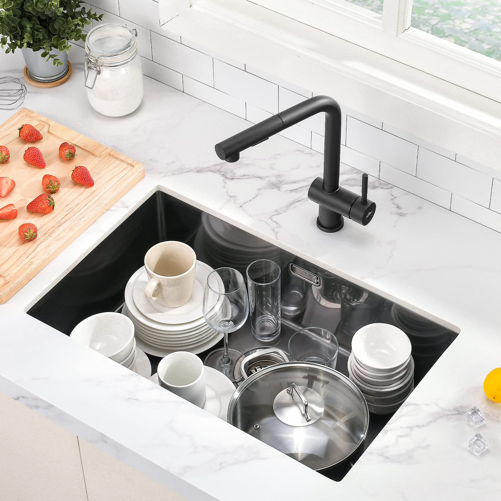 Auralum Lavello Cucina 1 Vasca Nero 70 x 44 cm + Rubinetto Lavello Cucina Nero con Doccetta Estraibile