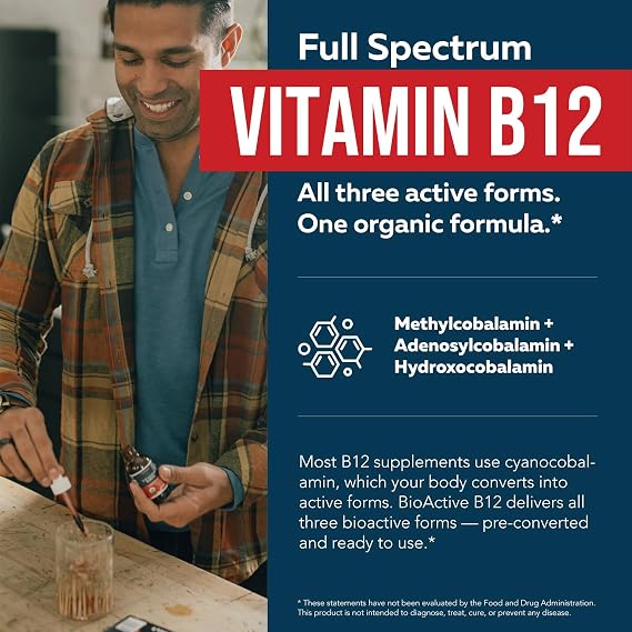 BioActive Vitamin B12 5000 mcg | 3 BioActive Forms Plus Methylfolate Cofactor - Methylcobalamin, Adenosyl & Hydroxy | Sublingual Liquid Drops, Berry Flavor, Organic, Non-GMO, Vegan (1 oz)