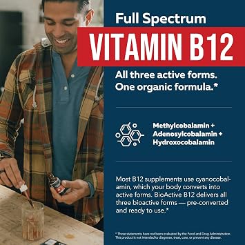 BioActive Vitamin B12 5000 mcg | 3 BioActive Forms Plus Methylfolate Cofactor - Methylcobalamin, Adenosyl & Hydroxy | Sublingual Liquid Drops, Berry Flavor, Organic, Non-GMO, Vegan (1 oz)