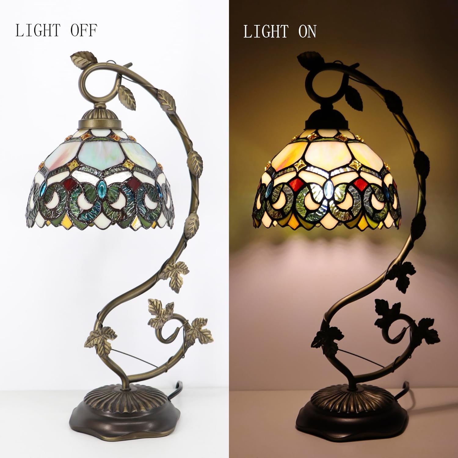 Tiffany Table Lamp, Stained Glass Desk Reading Light,Metal Leaf Table Lamp Base 8X10X21 Inches (Seven Color Baroque)