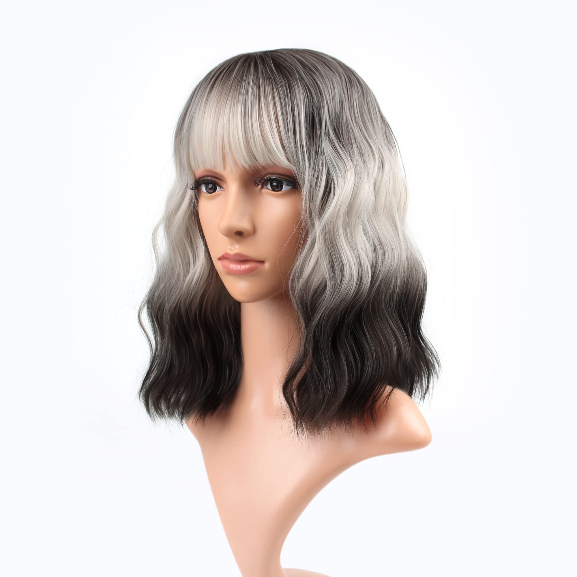 VCKOVCKO Ombre 3 Tone Color Curly Bob Wig With Air Bangs Natural Curly Wavy Short Bob Wigs Women's Shoulder Length Wigs Synthetic Cosplay for Girl