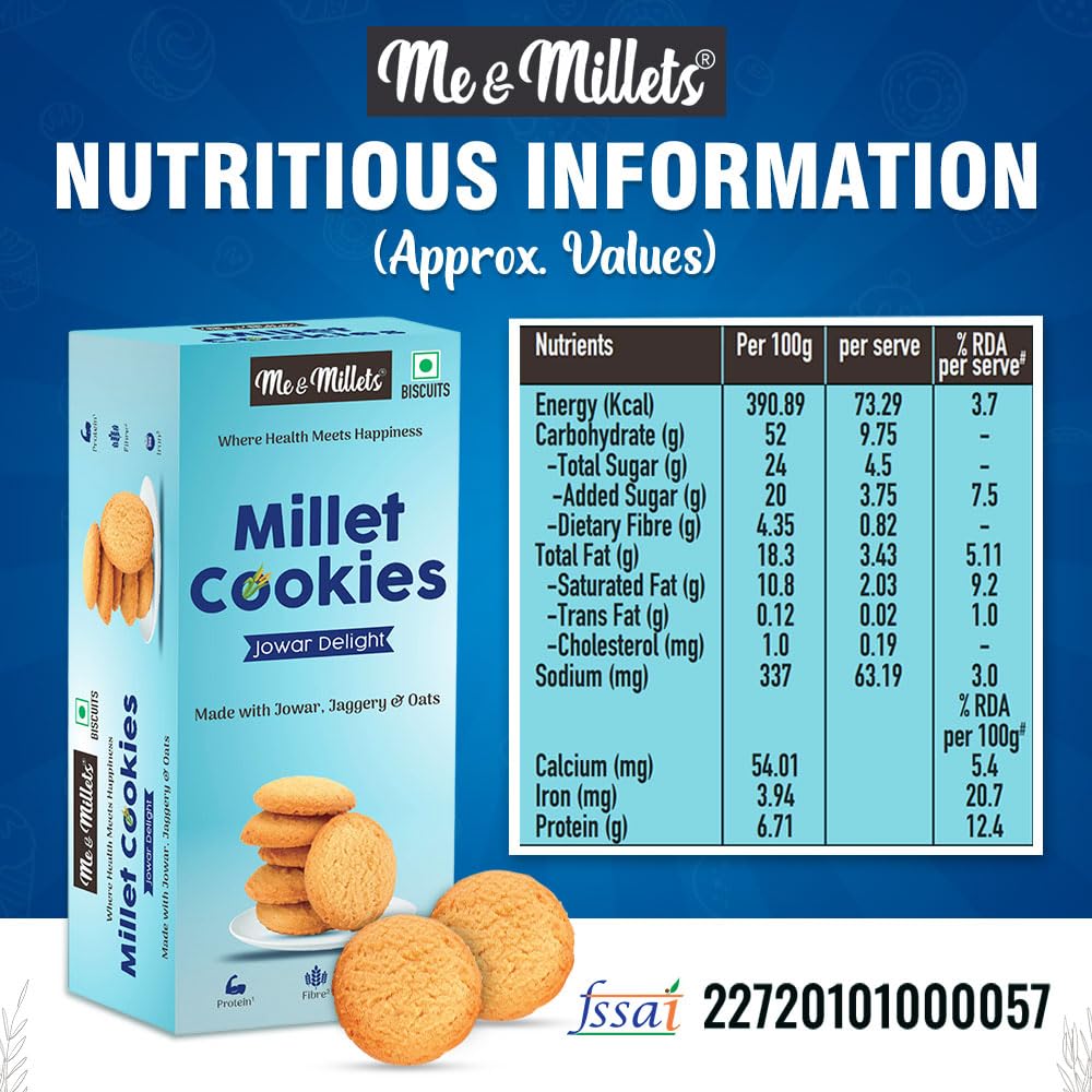 ME & MILLETS Cookies Jowar Delight (75g X 3) - Delicious Millets Biscuits, Rich In Fiber & Protein, Healthy Tea Snack (Jain Friendly) 2