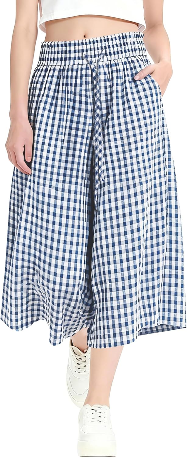 Rapbin Wide Leg Capri Pants for Women Gingham Striped Culottes Flowy Elastic Waist Cropped Palazzo Pants with Pockets