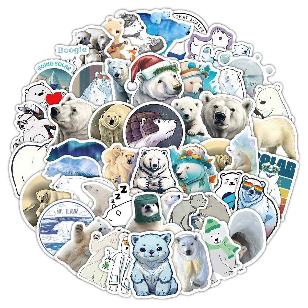 Der Eisbär Aufkleber 50 Stücke Niedlich Deko für Auto Laptop Skateboard Fahrrad Moped Motorrad Fahrrad Computer,Geeignet für Erwachsene Kinder Polar Bear ästhetisch Sticker Set