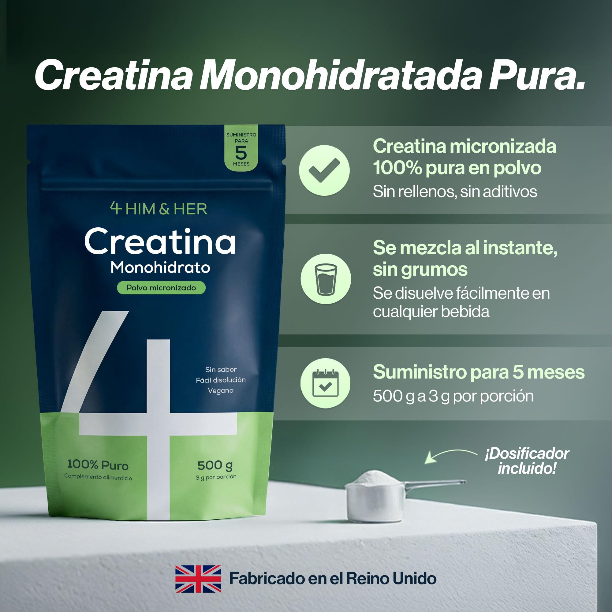Creatina Monohidratada Polvo 500g, 5 Meses – 100% Pura, Sin Sabor – Micronizada 200 Mesh, Soluble – 147 Porciones – Vegana para Hombres y Mujeres – Sin Gluten, Sin Aditivos – 4 HIM & HER