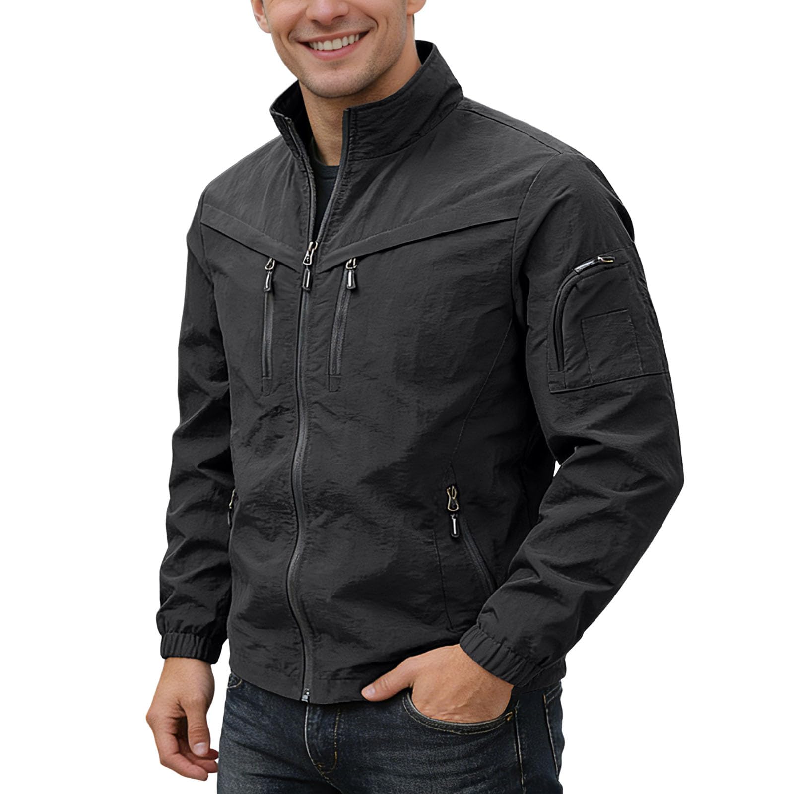 Generisch Giacca funzionale da uomo, con chiusura lampo, giacca da trekking, traspirante, leggera, softshell con colletto alto, con molte tasche, tinta unita, da lavoro