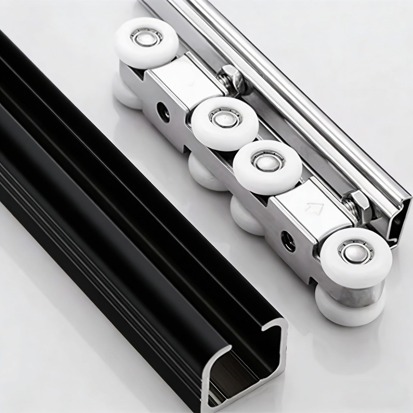 Heavy Duty Sliding Double Barn Door Hardware Track Kit with Hidden Flexible Pocket Door Rail and 8-Wheel Hangers
