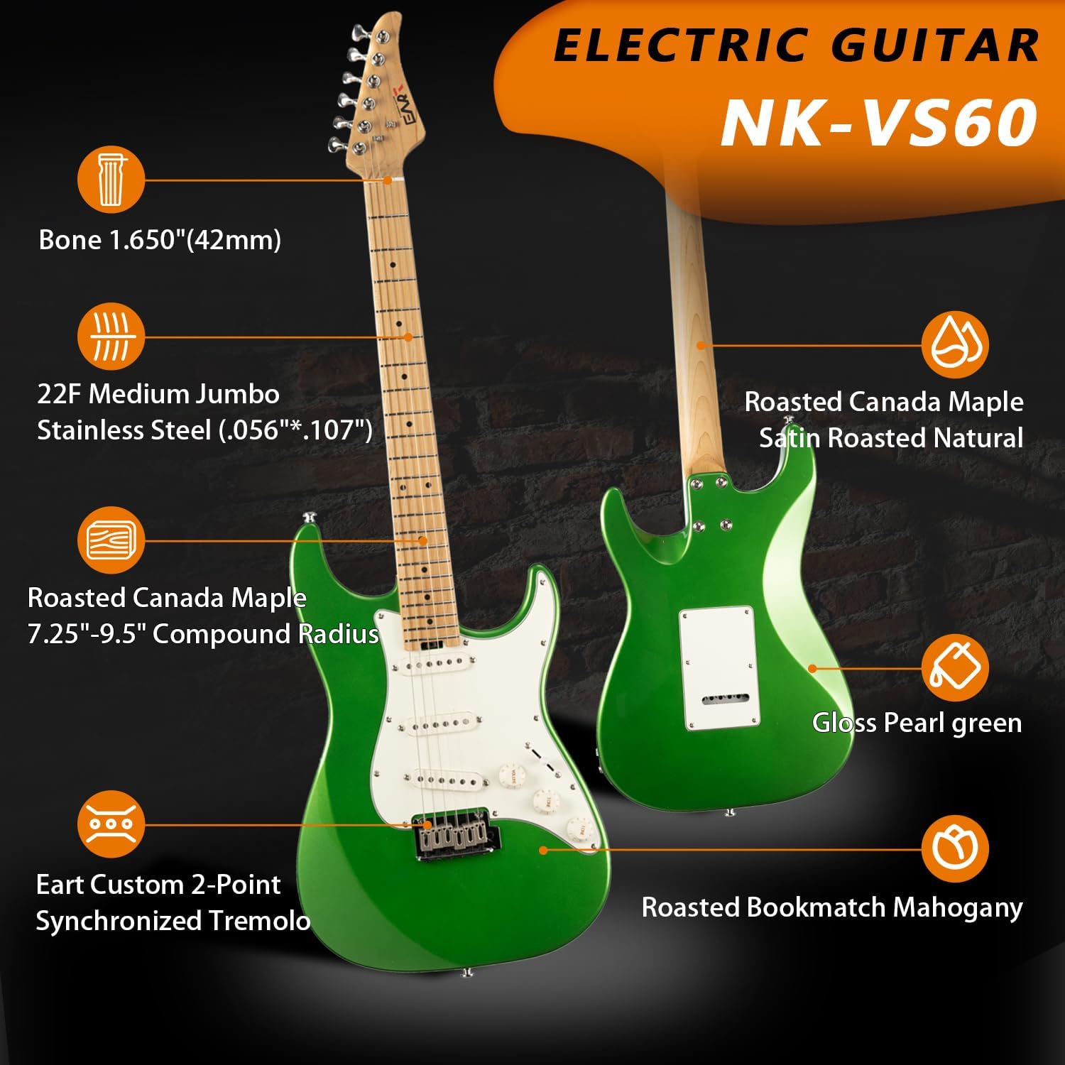 EART NK-VS60 6 String Solid Body Electric Guitar,Roasted Mahogany Body, Full-Size Electric Guitar Alnico-V Pickups, Tremolo System Electric Guitars