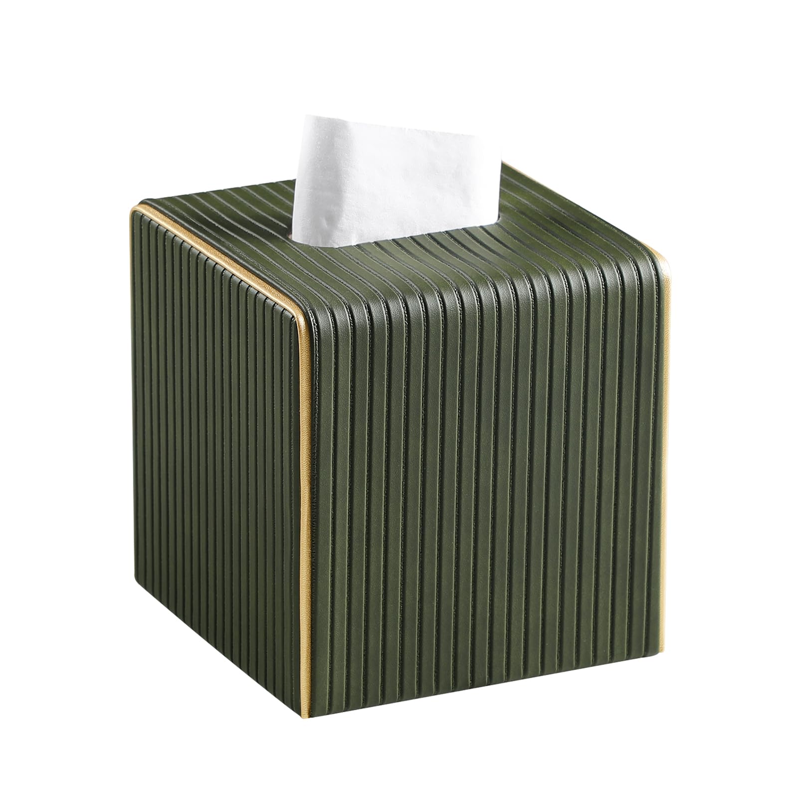 PU Leather Tissue Box Cover, Square Tissue Holder (Olive Green) | Magnetic Closure, Modern Fluted Texture, Decorative Tissue Cover for Bathroom Office, Fits All Standard Cube Tissue Boxes