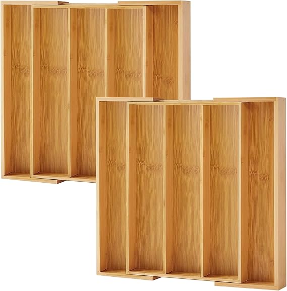 Purawood Bamboo Drawer Organizer - Expandable Silverware Organizer & Utensil Drawer Organizer, Cutlery Tray with Dividers, 7-9 Slots- Kitchen Organizer for Utensils & Flatware (Natural)