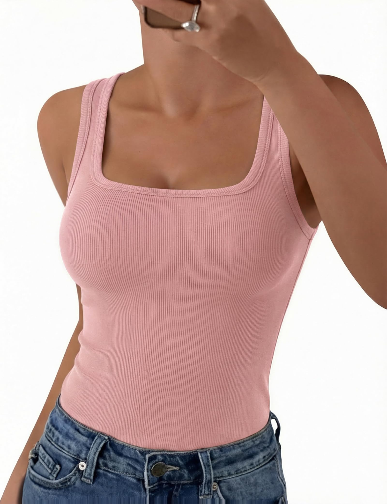 Aottori Tank Top Damen Eckigem Ausschnitt Oberteile Ärmelloses Slim Fit Basic Shirt Sommer Tanktop Gerippt Stretch Tops Sexy Casual Einfarbig