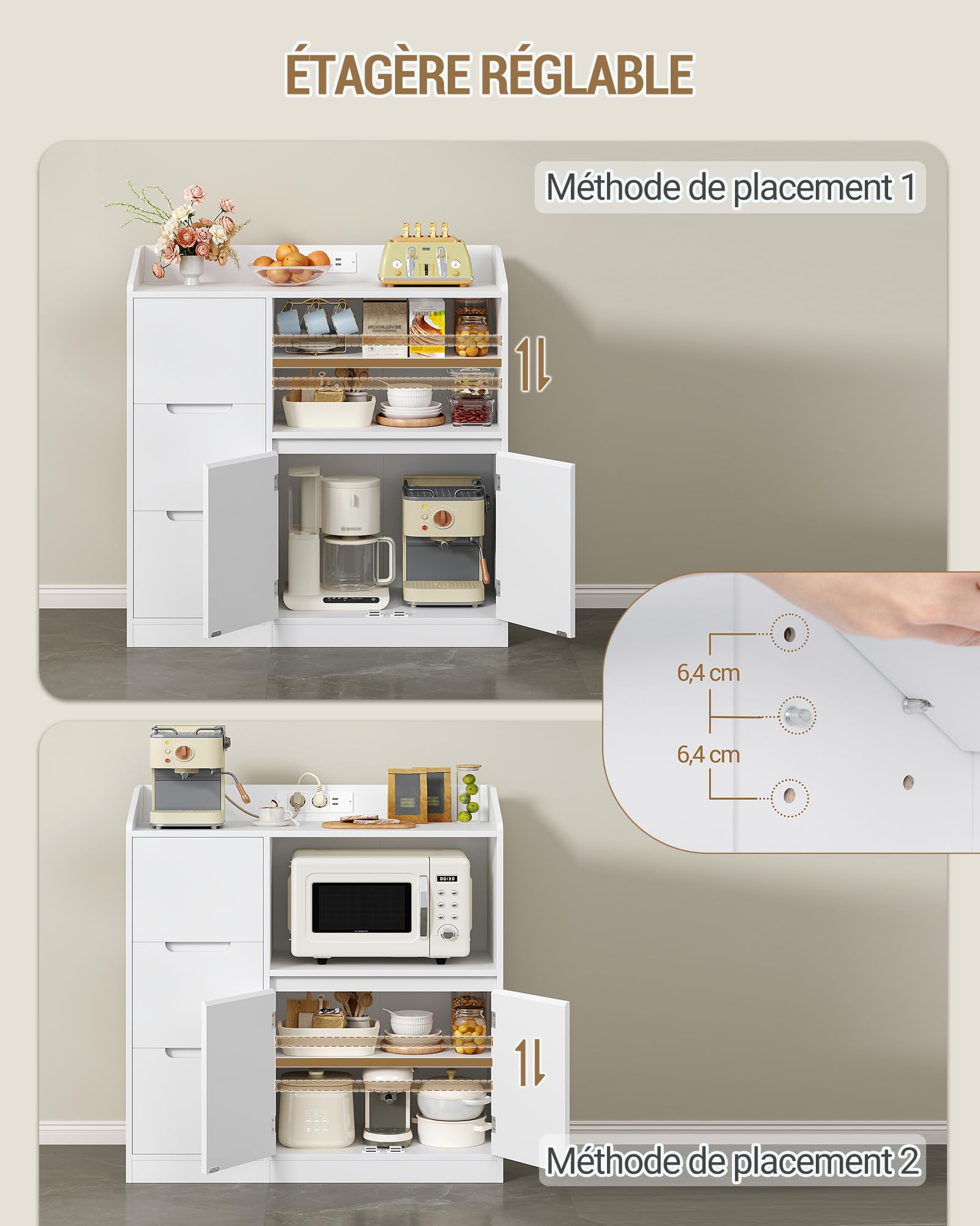 Hzuaneri Meuble Cuisine, Buffet avec Plan, Travail Étagère pour Micro-Ondes, Prise, 3 Tiroirs et 2 Portes, Étagère Réglable, Moderne, Cuisine, Blanc, 38 X 90 X 95 cm, SC31003XEU