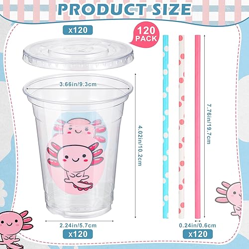 Miniatura 2 de Juego de 120 vasos desechables de ajolote transparente de 12 onzas con tapas y pajitas de papel, tazas de café helado para niñas, decoración de