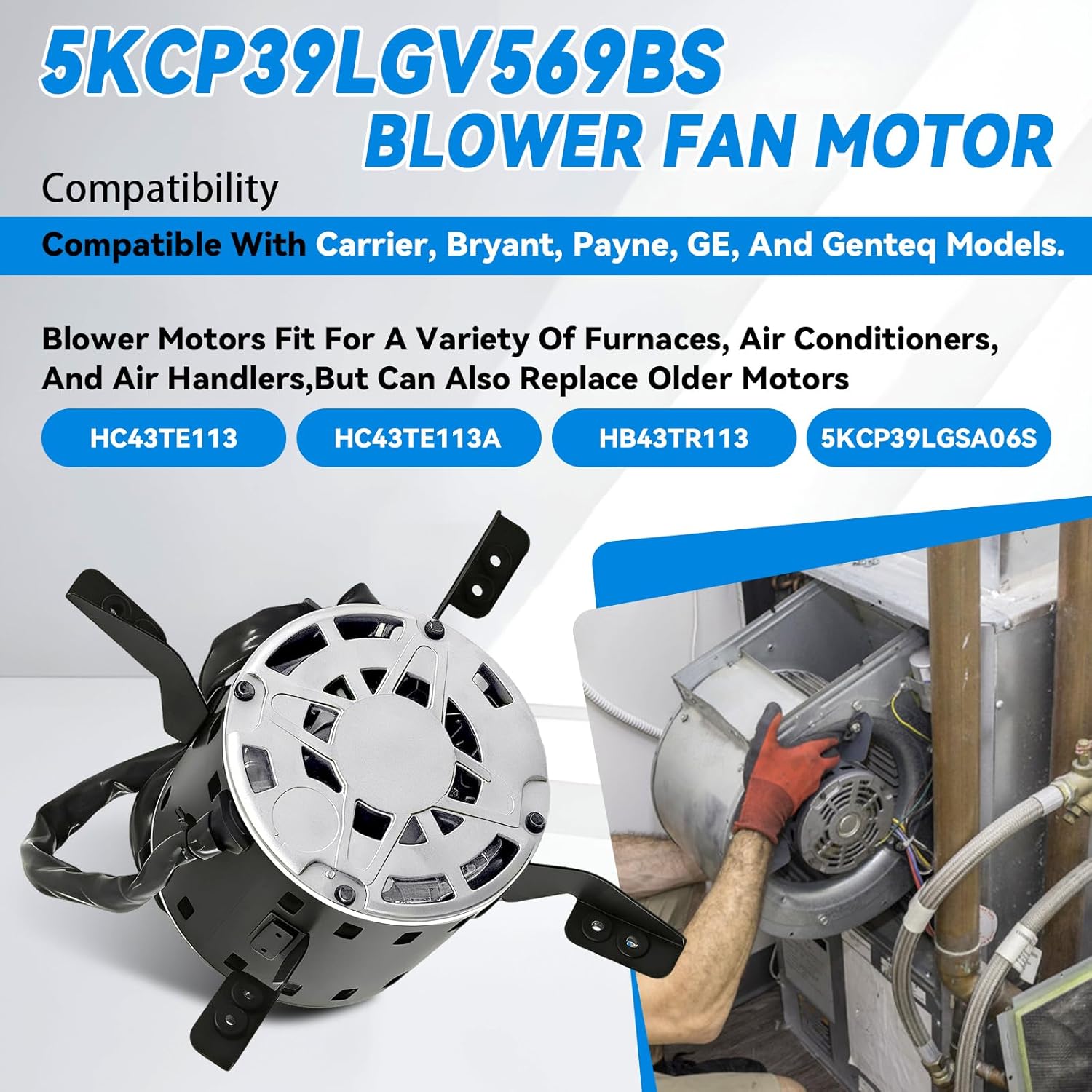 5KCP39LGV569BS Furnace Blower Fan Motor HC43TE113 1/2HP 115V 1075RPM 3-Speed Compatible with Carrier Bryant Payne GE Genteq Furnace Blower Motor Replace 5KCP39LGSA06S HB43TR113 HC43TE113A