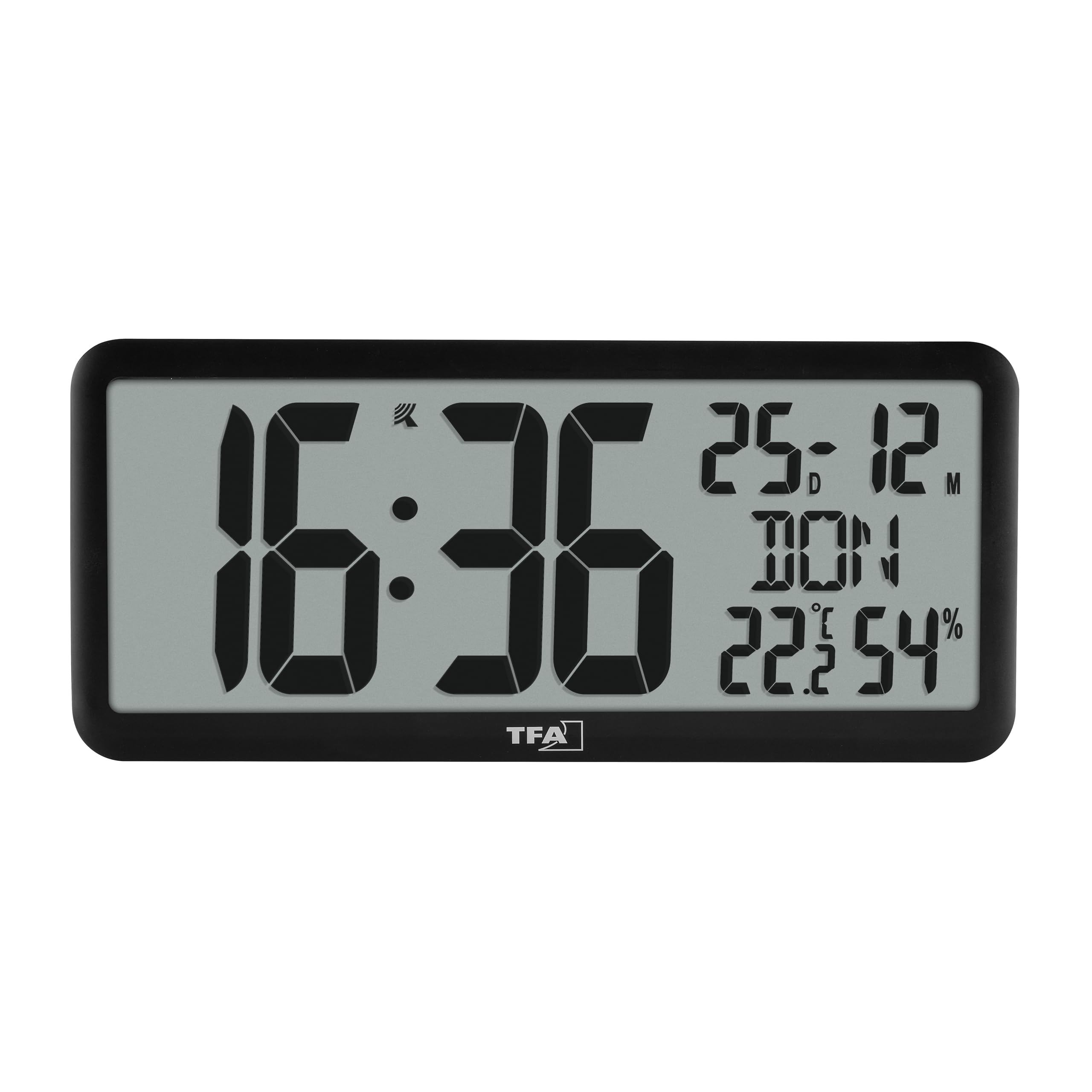 TFA Dostmann Reloj de Pared Digital con números XXL, 60.4525, Reloj con Temperatura y Humedad en el Interior, con Calendario, Oficina, Personas Mayores, Cocina, Radio Reloj, con