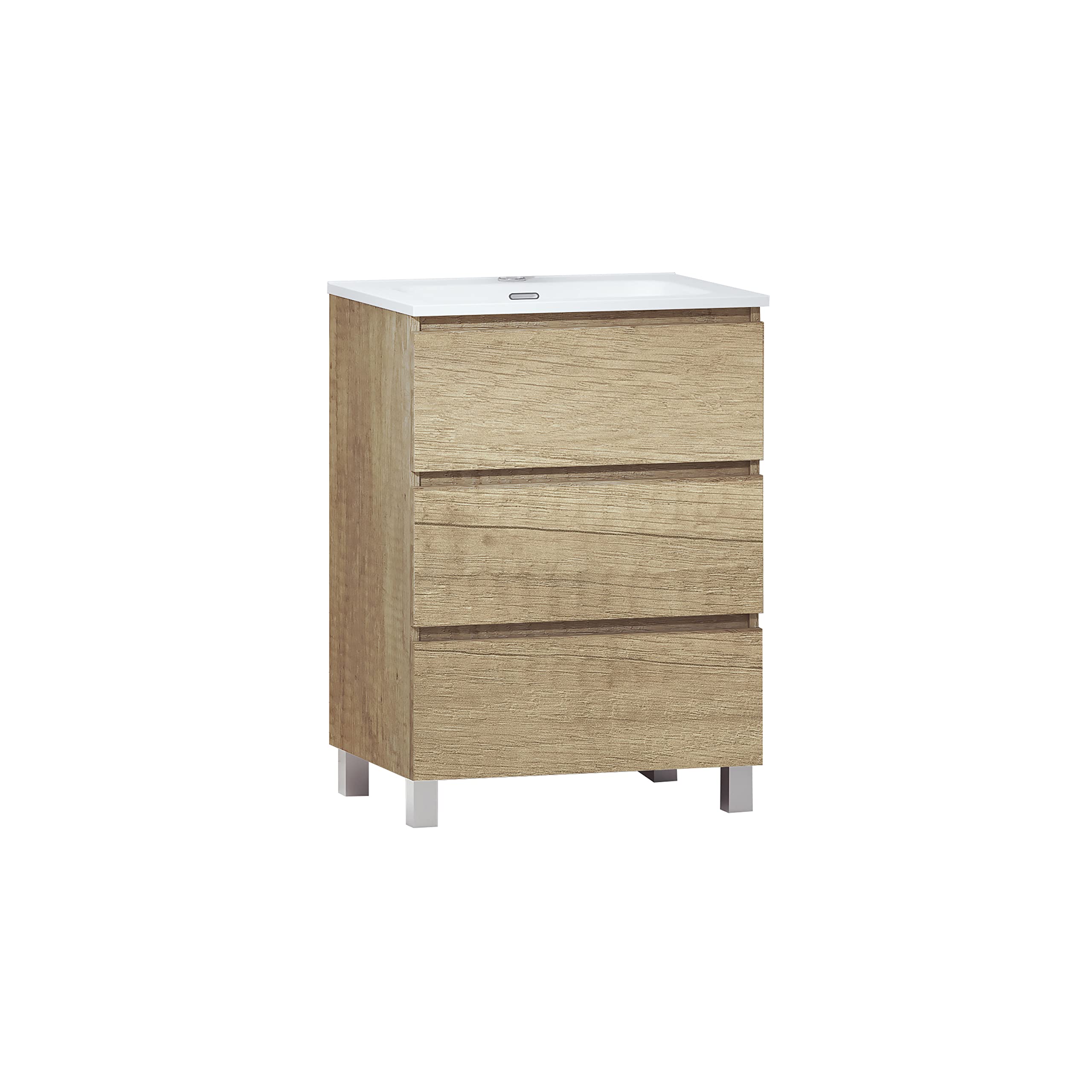 Baikal Mueble de Baño TRIX, Distribución de 3 cajones, con Patas y con Lavabo cerámico. Melamina 16mm. Distintas Medidas y Acabados Disponibles. Mueble MONTADO