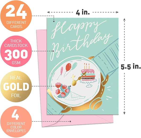The SWEETZER & ORANGE S&O Box of Birthday Cards offers a vibrant assortment of 24 unique designs.