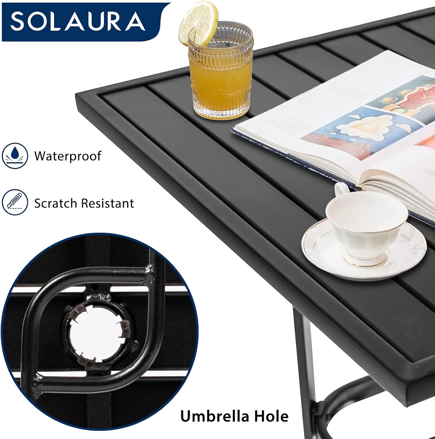 SOLAURA Outdoor Patio Bar Height Table Patio Slat Table Top/Metal Frame, Umbrella Hole for Lawns, Poolside, Deck, Garden