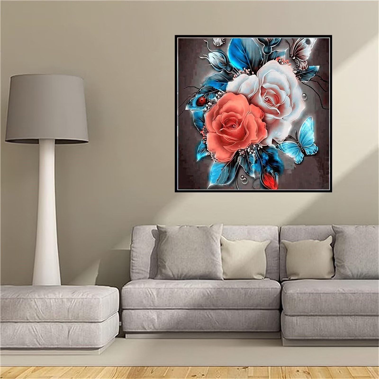 Broderie diamant roses colorées 100x100cm pour décoration murale salon