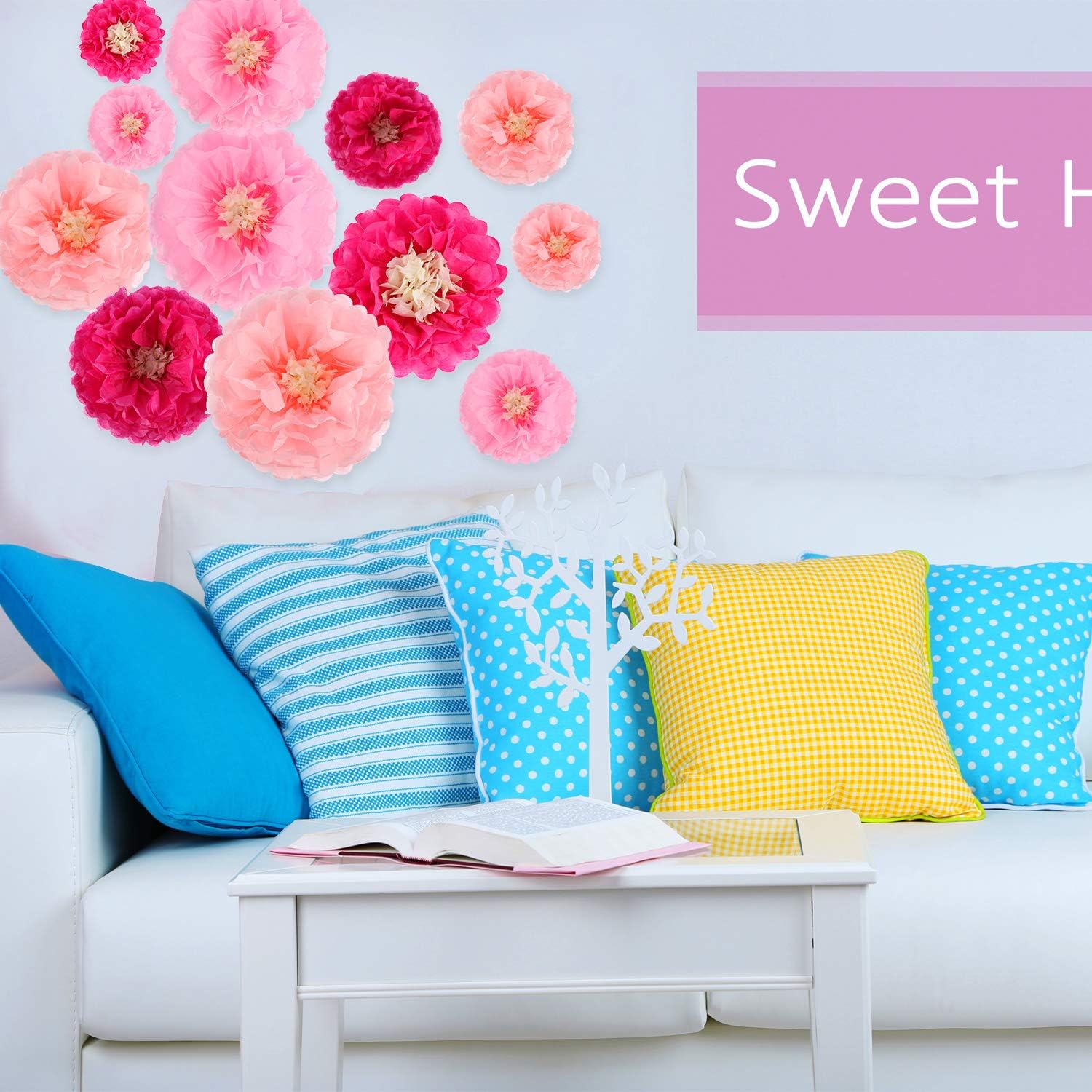 Gejoy 12 Pieces Pink Paper Flowers Tissue Pom Poms Giant Tissue Paper Chrysanth Fiesta Flowers DIY Crafting for Wedding Backdrop Bridal Baby Shower Birthday Nursery Outdoor Wall Decoration - Image 7