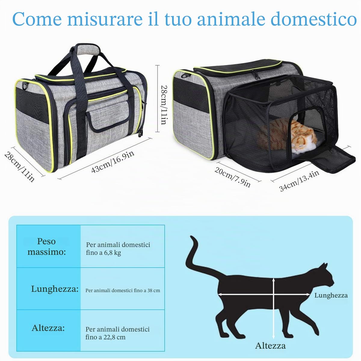 Trasportino per Cani e Gatti, Borsa da Viaggio Pieghevole Trasportino Morbido con Tappetino in pile, Espandibile Pet Carrier per Cani, Borsa a Tracolla Morbido da Viaggio in Treno e Aereo