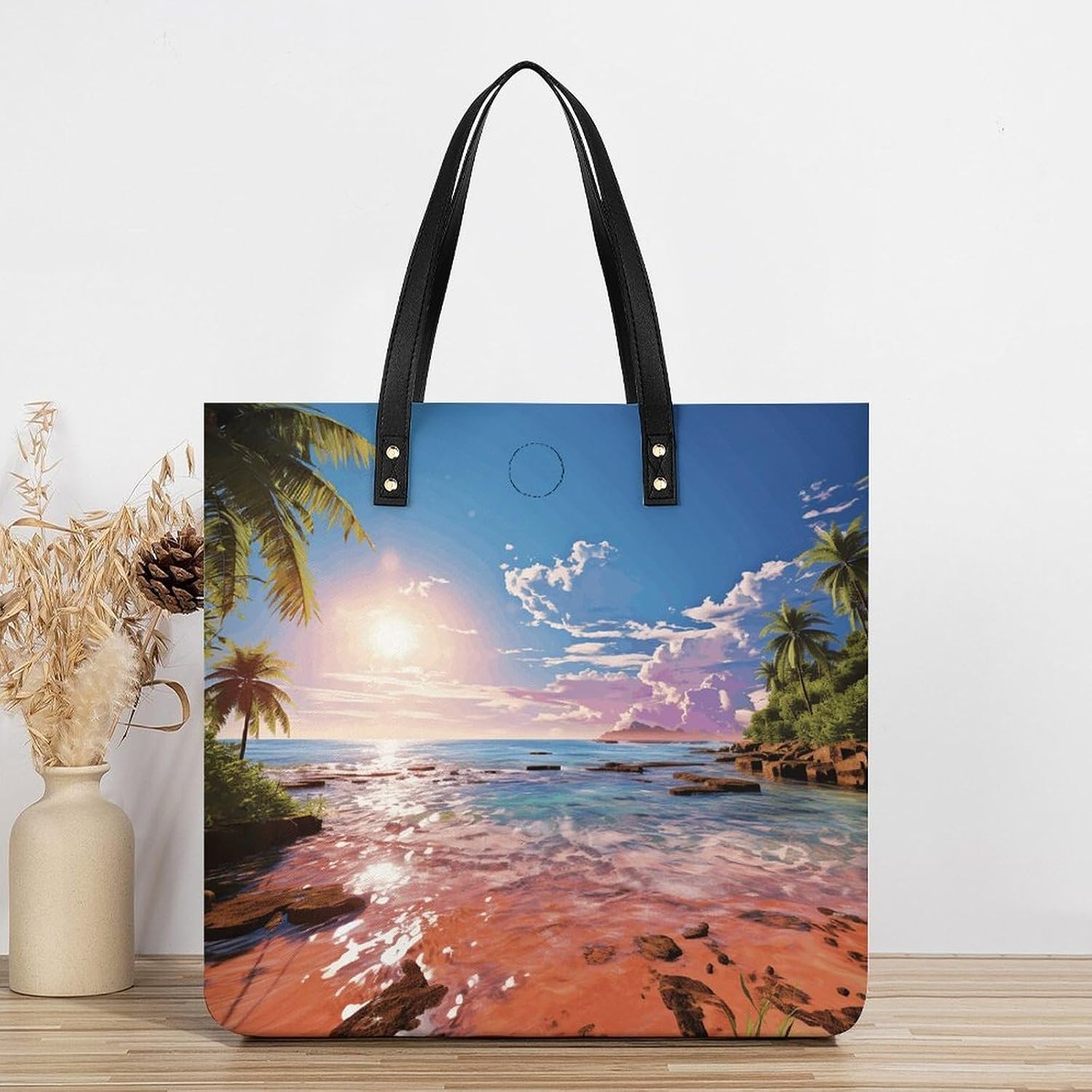 Summer Beach with Palm Trees Tote Bag with Magnetic Buckle Reusable Grocery Bags Lightweight Cross Body Handbag for Daily Essentials