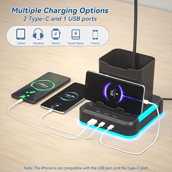 KDD 5 in 1 Desk Lamp with Charging Ports, 9 RGB Modes Gaming Table Light | Pen & Phone Holder, 360Adjustable Gooseneck Desktop Lights, Dimmable Table Lamp for Home Office College Dorm Room