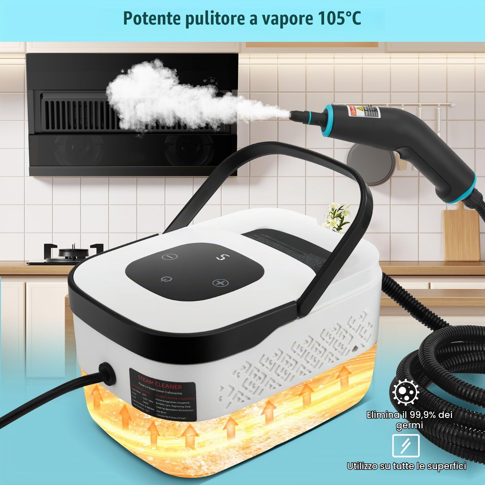 Pulitore a vapore 2500 W, 4,5 bar, alta pressione, riscaldamento 15 secondi, serbatoio 1250 ml, 9 accessori, tubo da 2 m, per la pulizia della casa, potente per cucina, auto, pavimento