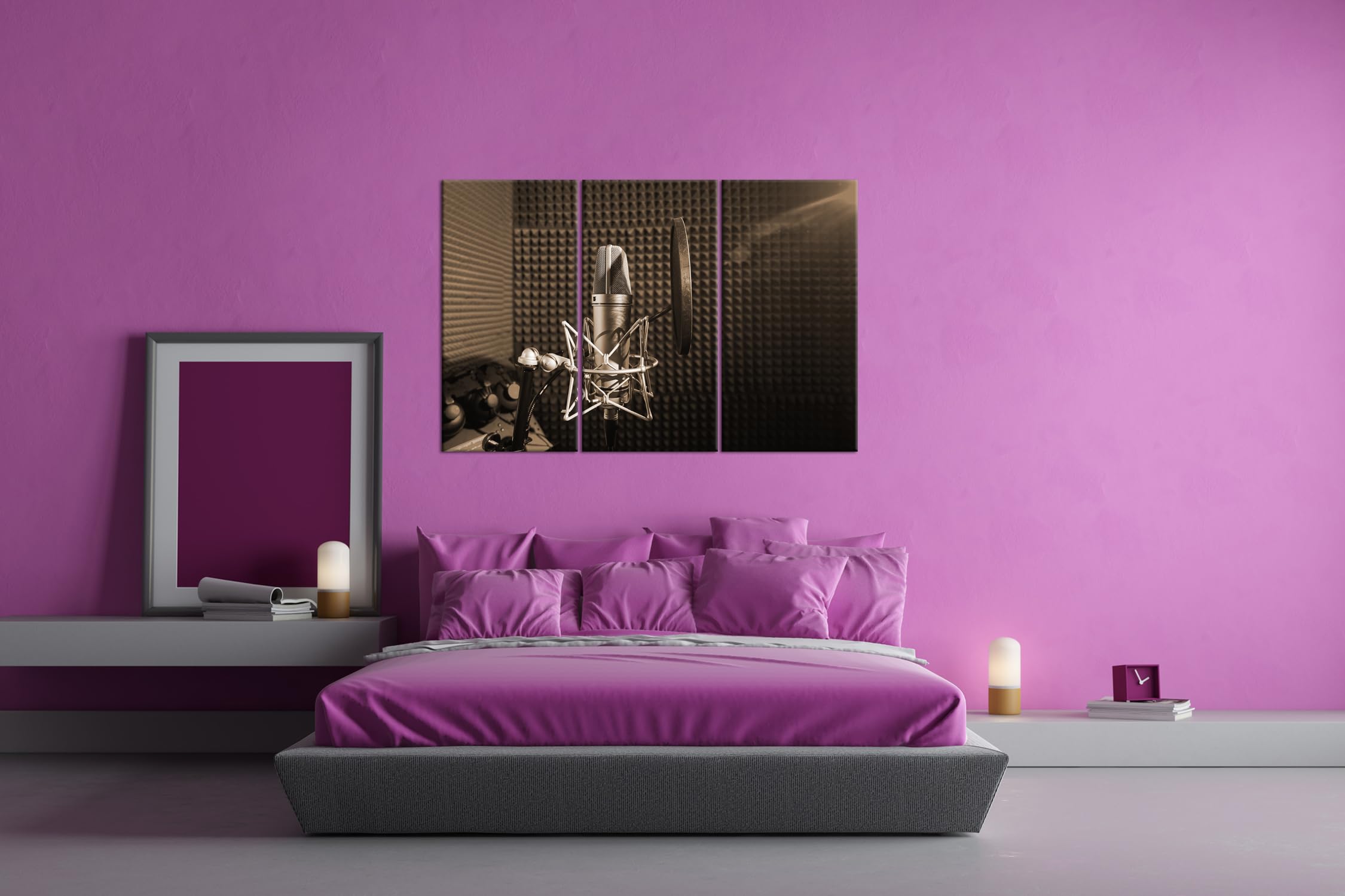 Leinwandbild Einsames Mikrofon, bereit für die nächste Aufnahme im stillen Studio. Format: 120x80 cm (3Teilig) Effekt: Sepia XXL Kunstdruck Bild auf Keilrahmen/Wandbild/Wohnzimmer Deko