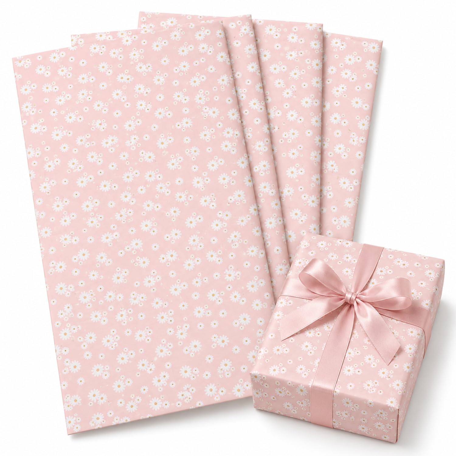 Daisy Floral Wrapping Paper - Pink Gift Wrapping Paper, Daisy Gifts for Birthday Wedding, Bridal Shower, Baby Shower, 4 Sheets (50x70cm)