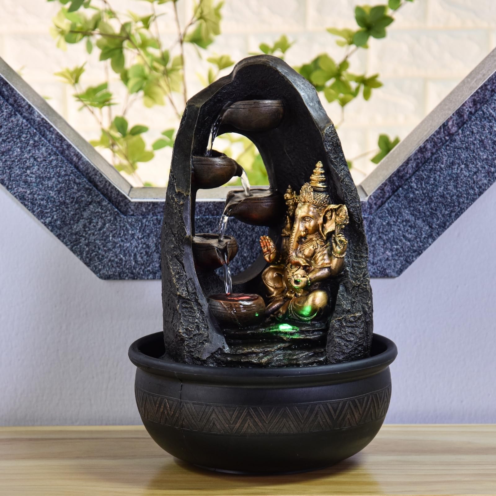 Buddha Ganesh Innenbrunnen mit farbenfrohen LED -Licht - Feng Shui Zen Dekoration - Bed -Träger - H 40 cm - Mystic Zen'light