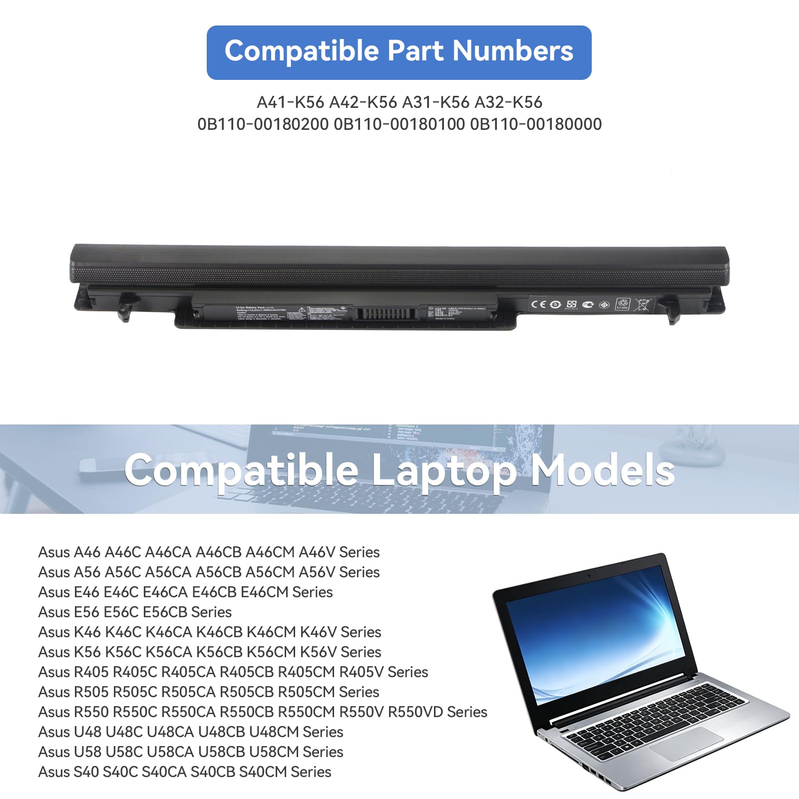 Batteria A41-K56 44Wh Per Asus A46, K56, K46, S56 | Sostitutiva A31/A32/A42-K56 Con Display Intelligente
