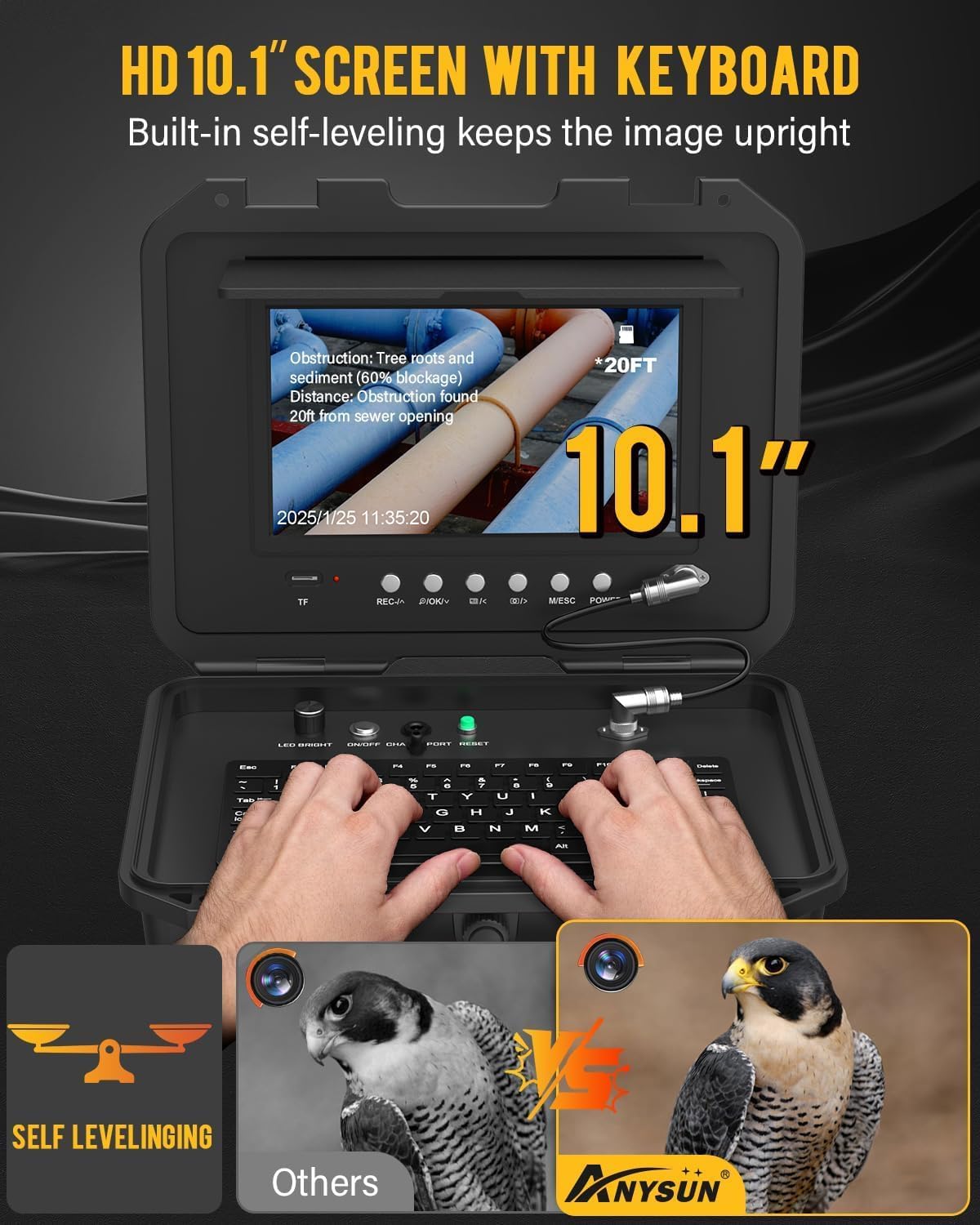 Anysun Sewer Camera with 512hz Sonde, Self Leveling Sewer Camera 165ft with Distance Counter, 10.1" HD Monitor with Keypad and 7MM Cable, 5X Zoom with 12PCS LED Lights
