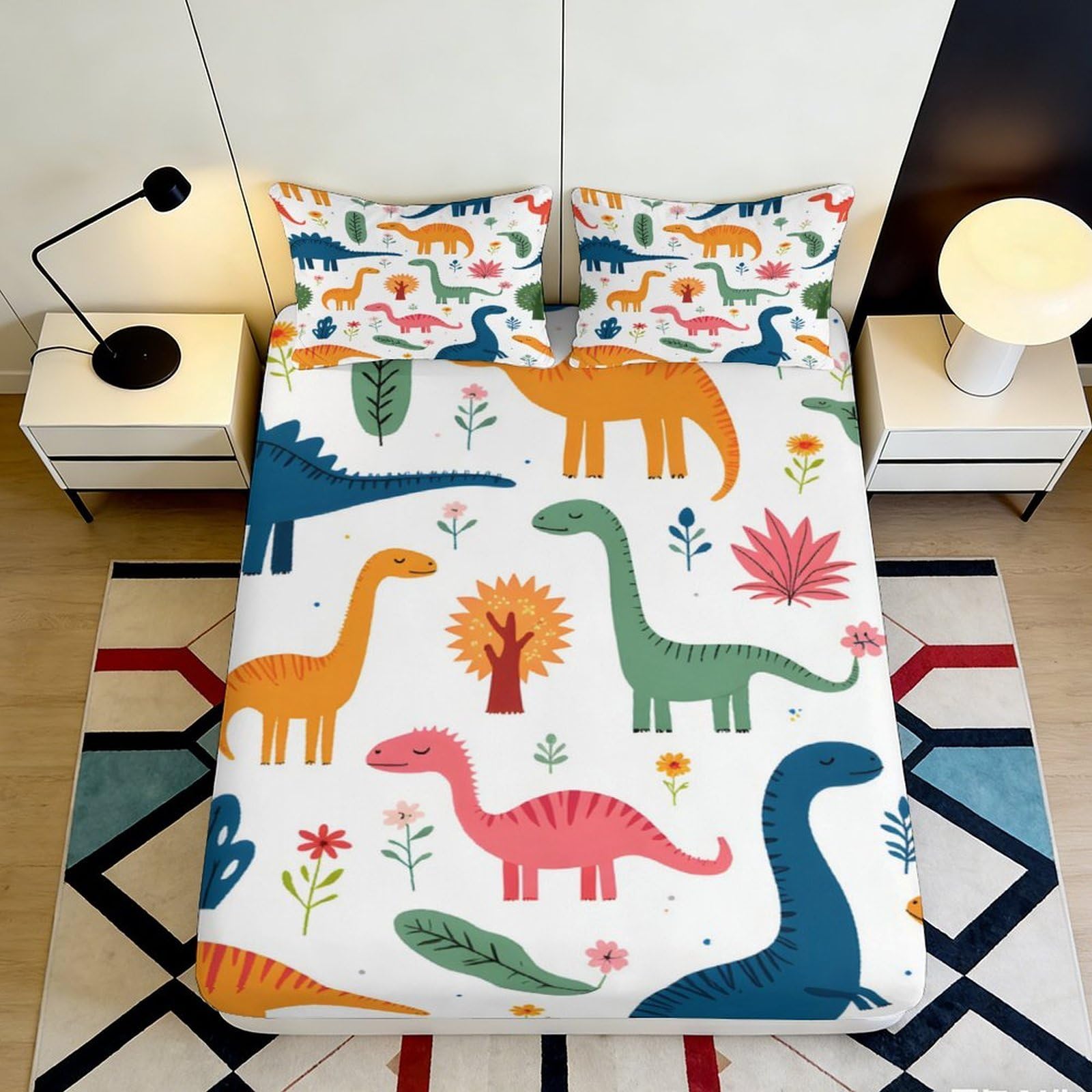 3D Printed Colorful Dinosaur Fitted Sheet Microfiber Soft Breathable Jurassic Forest Bed Cover for Bedroom Dorm Decor 90x200x25cm