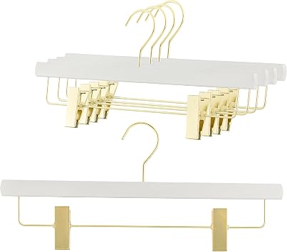 MAWA by Reston Lloyd, European Wooden Hanger, Beech Wood Hanger with Adjustable Pant Clips, Rotating Gold Hook, White Finish, for Pants, Shorts, Skirt Clothes Hanger, Set of 5