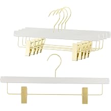 MAWA by Reston Lloyd, European Wooden Hanger, Beech Wood Hanger with Adjustable Pant Clips, Rotating Gold Hook, White Finish, for Pants, Shorts, Skirt Clothes Hanger, Set of 5