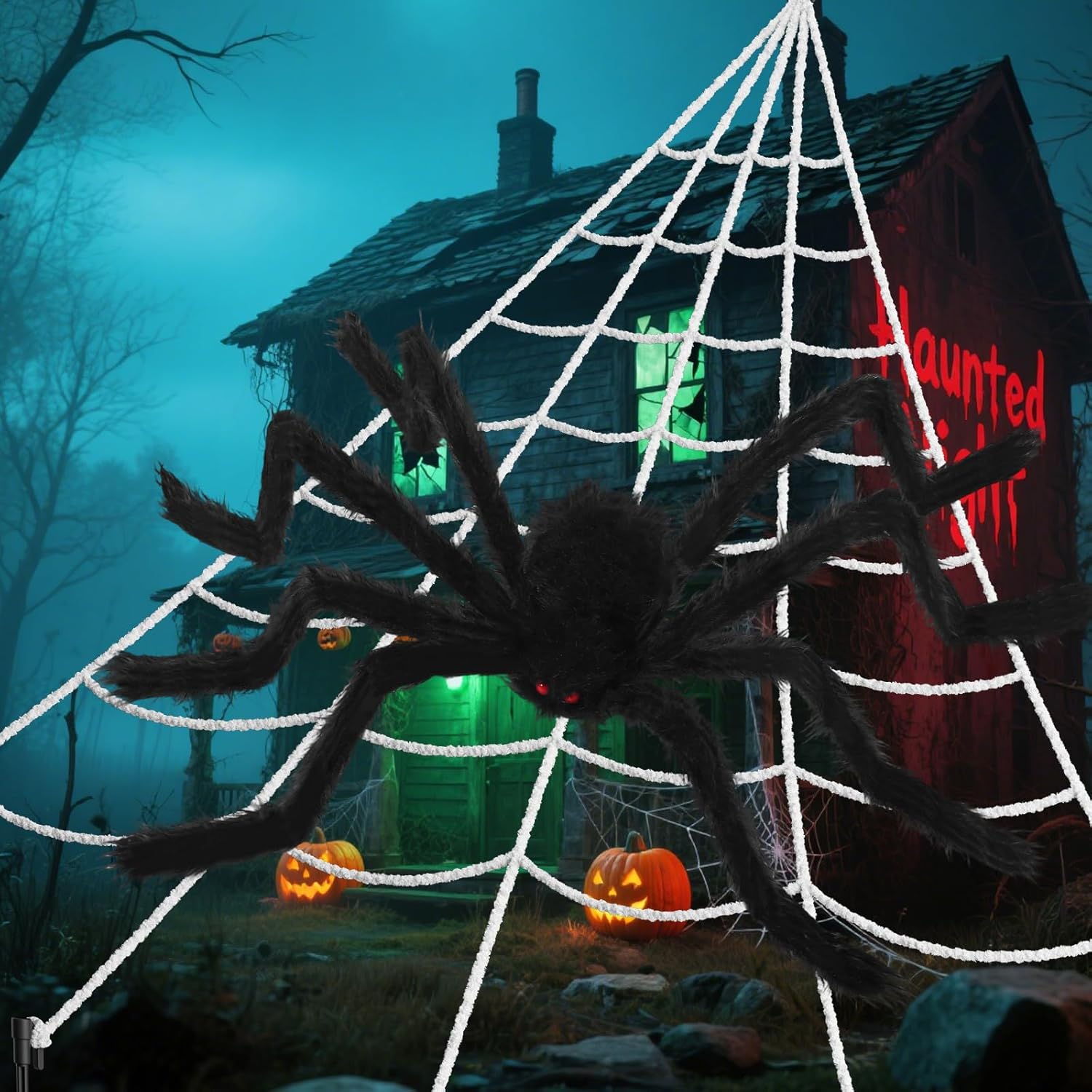 land guard 240'' big spider web halloween decor+70'' huge spider for roof with triangular big web for on house outside and inside