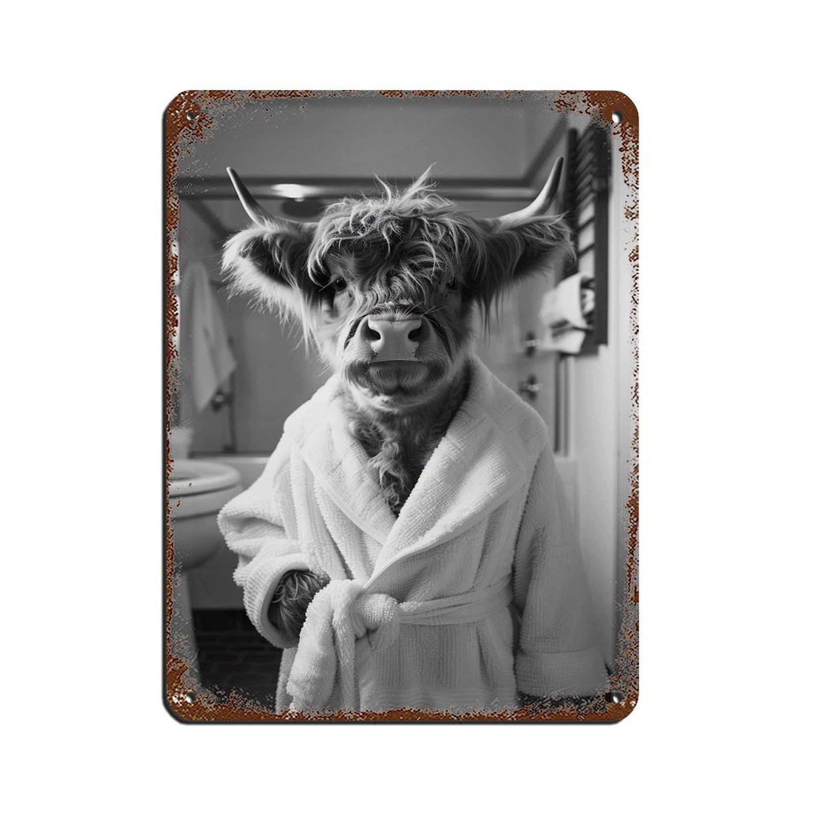 Highland Cow in A Bathrobe Tin Sign Vintage Metal Pub Club Cafe Bar Home Wall Art Decoration Poster Retro 12x16inch(30x40cm)
