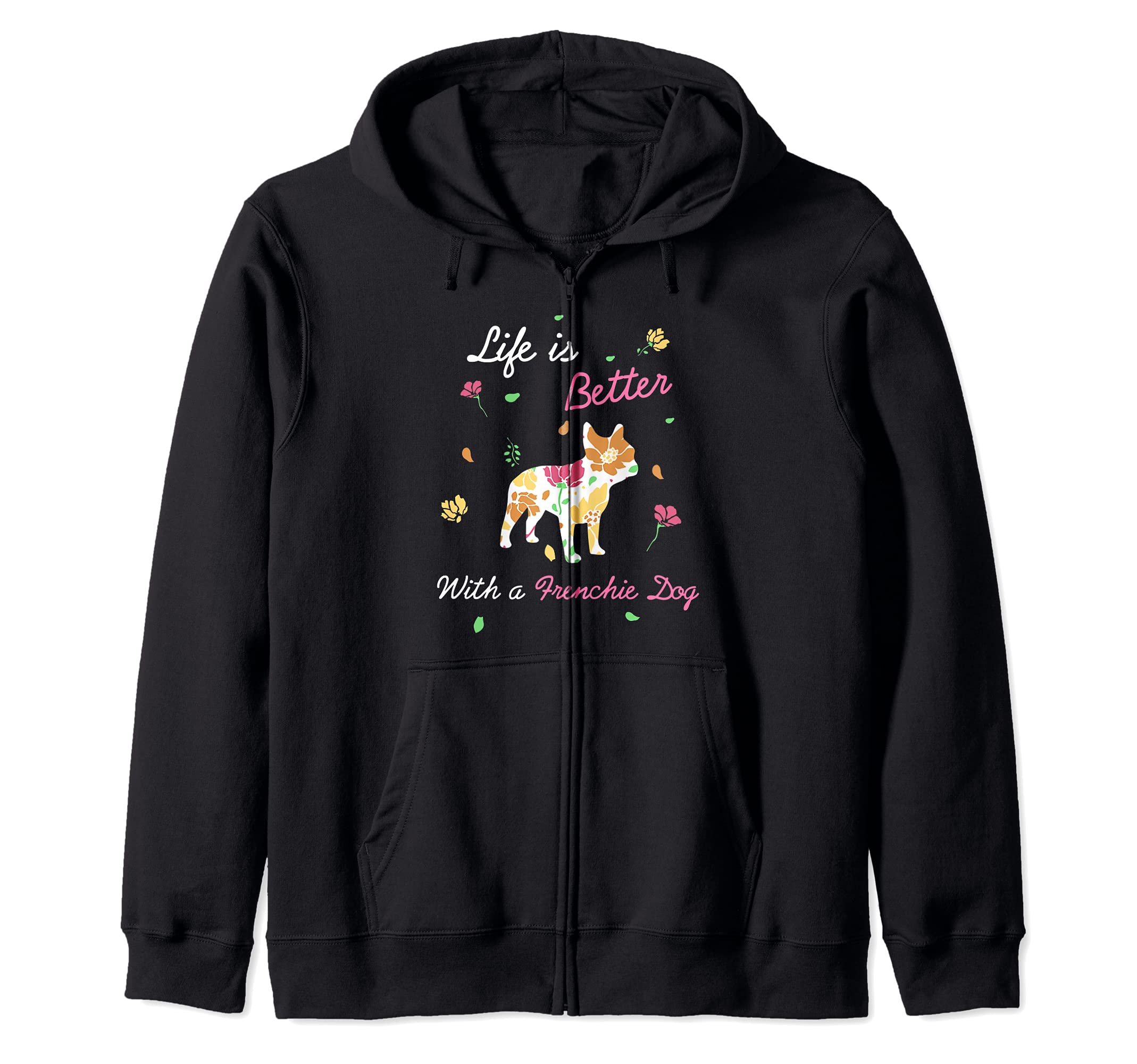 French Bulldog - Cute Girlie heart pink dog mom Frenchie Zip Hoodie, Black, S