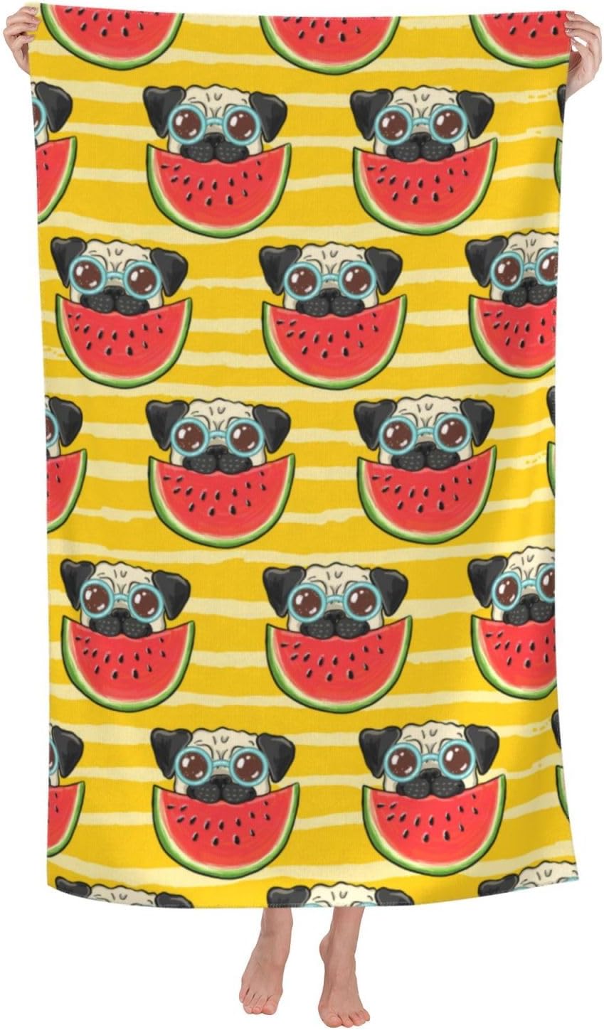 Watermelon Beach Towel Oversized Microfiber Beach Towel for Kids Girls Women 32”x52” Quick Dry and Sand Free Red Towel Swim Bath Pool Funny Pug Dog in Sunglasses Eat Watermelon