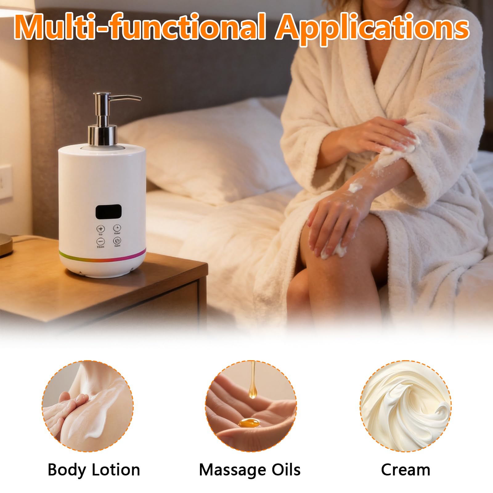 Massageöl Wärmer mit Zwei 250 ml-Massageölflaschen, Einstellbare Temperatur 30-65°C, Zeiteinstellungen, Gradientes Umgebungslicht, Gel Flaschenwärmer Heizung für Spa, Salon und Home Use