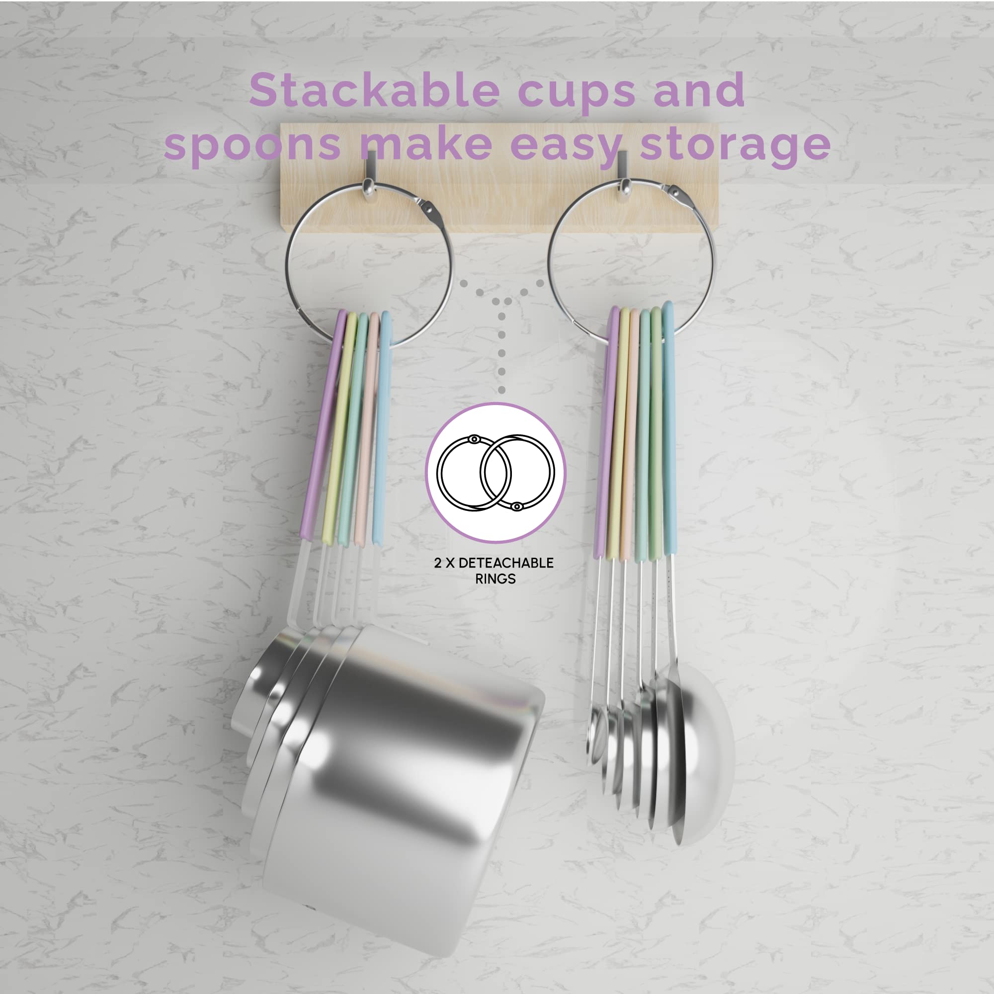 CuttleLab Juego de 14 tazas medidoras y cucharas medidoras de acero inoxidable, incluye 1/8 cucharadita de cucharadita, 1/8 taza de medición, nivelador seco (14, algodón de azúcar)