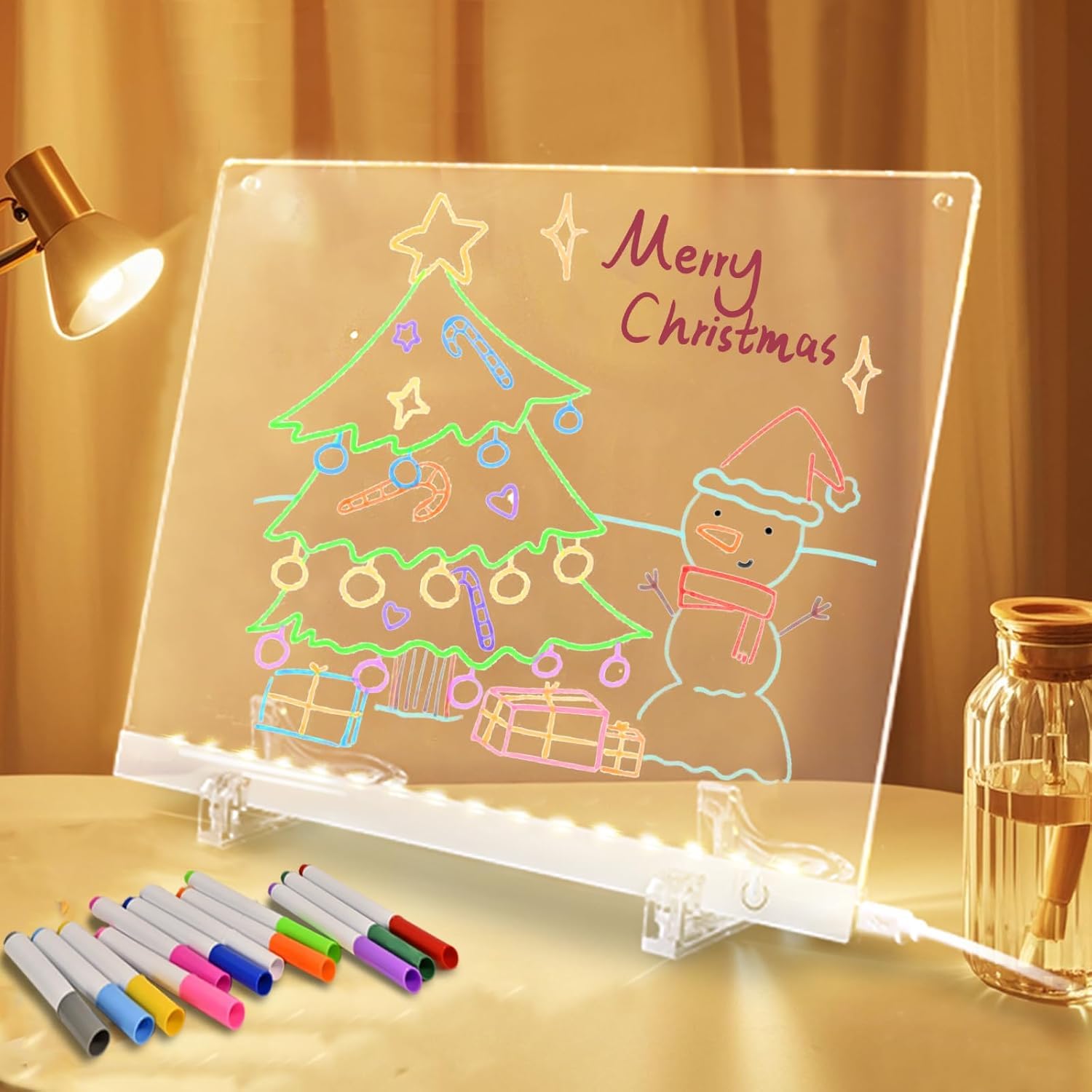 Acrylic Dry Erase Board with LED Light -11.8"x8.5" Clear Glowing Memo,Brightness Level Adjustment,12 Color Markers, Ideal for Office/Home/Kids (